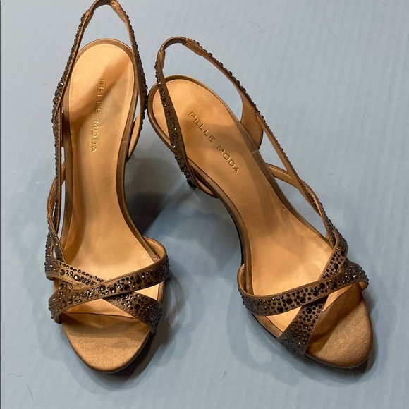 Pelle Moda Bronze Rhinestone Slingback Heels Strappy Dress Women’s  Sz 6.5 - Picture 1 of 12